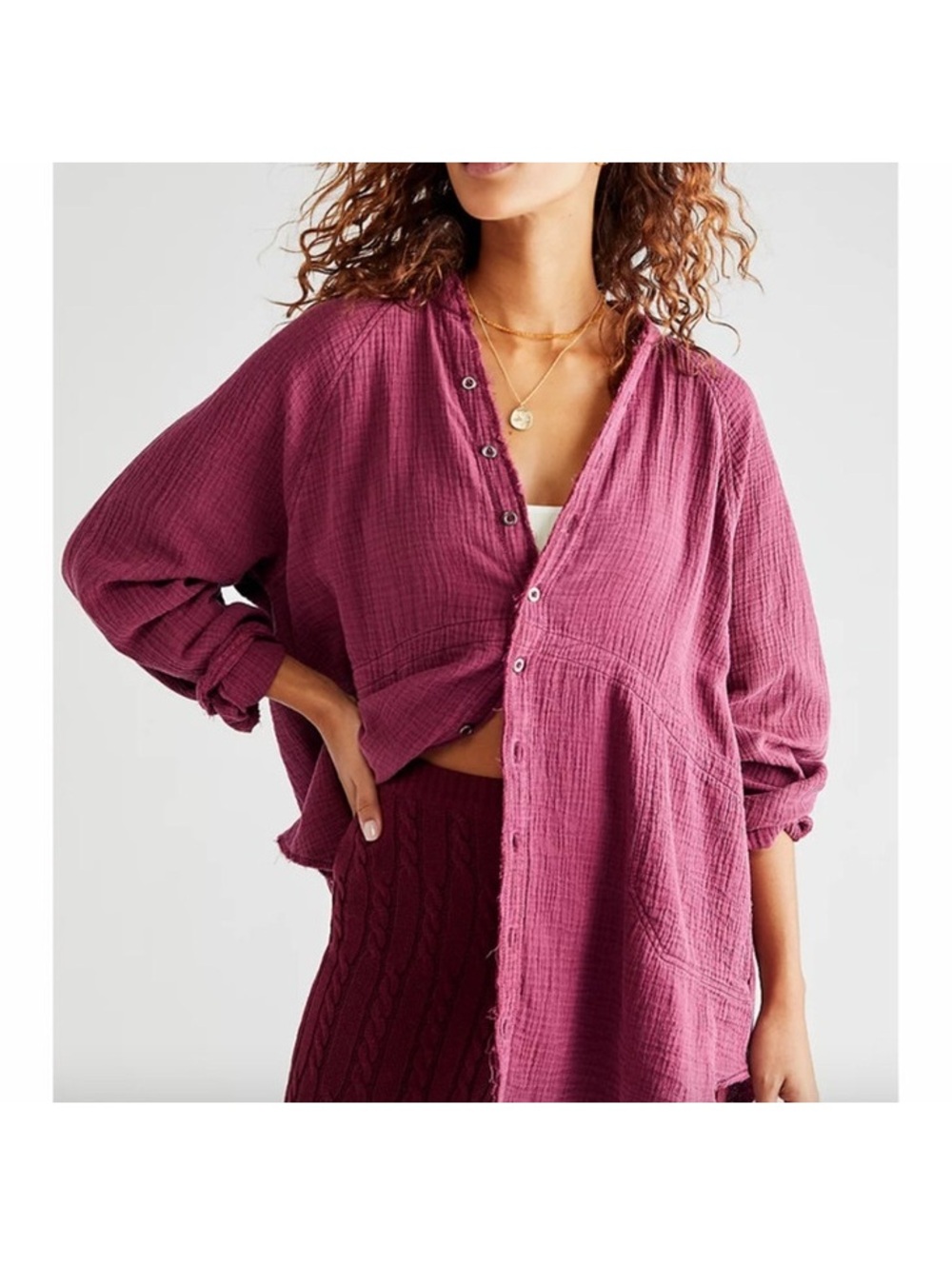 NWOT WE THE FREE Free People Summer Daydream Button Down gauze burgundy top m
